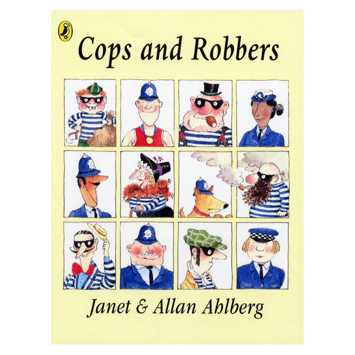 Cover of Cops and Robbers by Janet & Allan Ahlberg, featuring a grid of twelve illustrated police and robber characters.