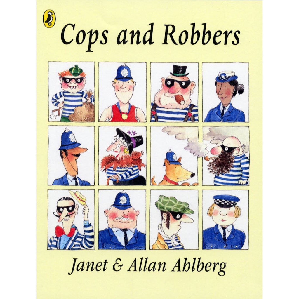 Cover of "Cops and Robbers" by Janet and Allan Ahlberg, featuring cartoon illustrations of playful cops and robbers in a grid on a light yellow background.