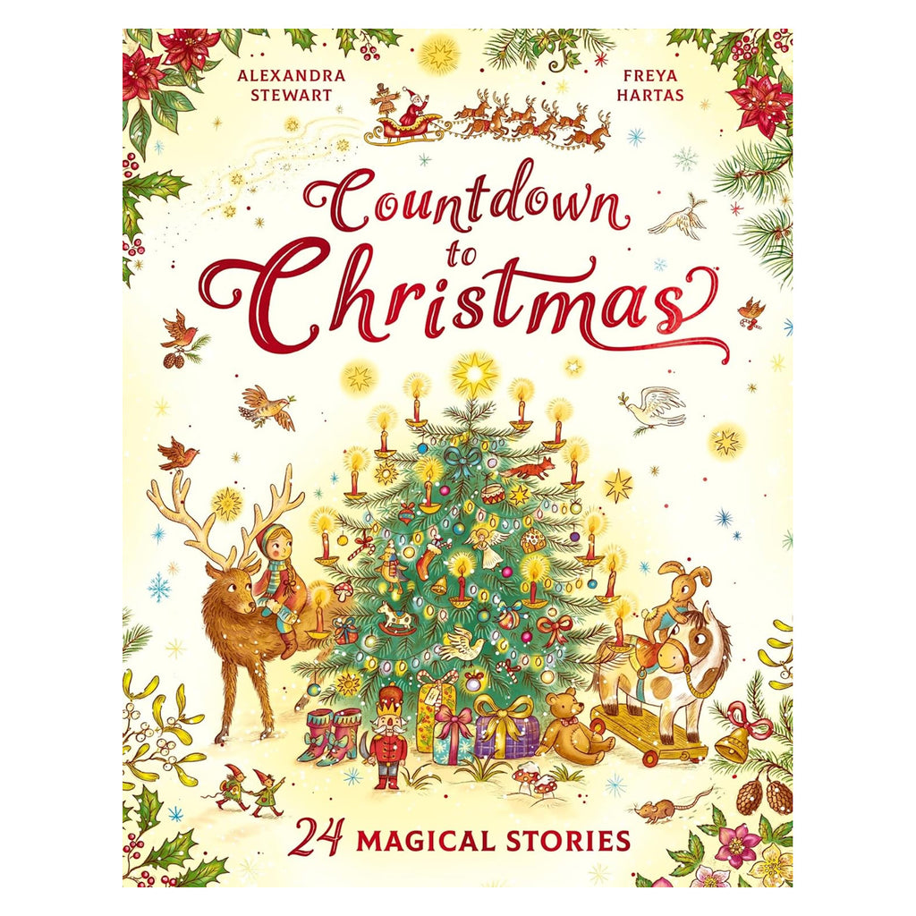 Festive book cover titled "Countdown to Christmas" by Alexandra Stewart and Freya Hartas, features a decorated tree, reindeer, toys, and Santa's sleigh.