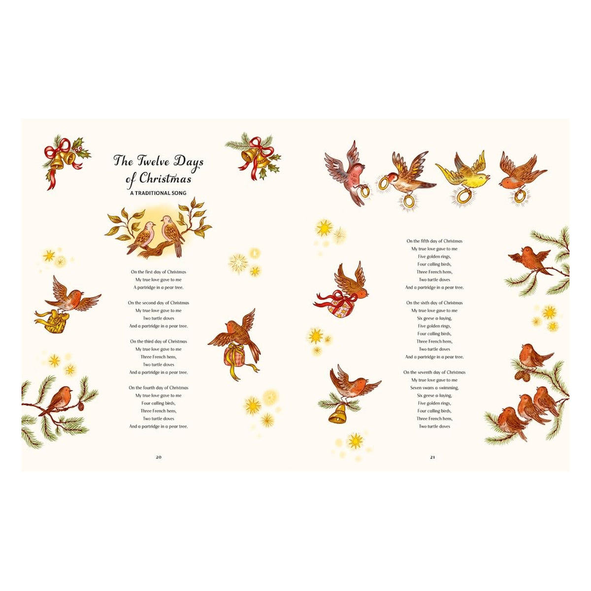 Illustrated pages of "The Twelve Days of Christmas" song display festive birds, ribbons, and bells. Joyful, colorful, with a warm holiday theme.