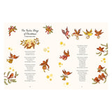 Illustrated pages of "The Twelve Days of Christmas" song display festive birds, ribbons, and bells. Joyful, colorful, with a warm holiday theme.
