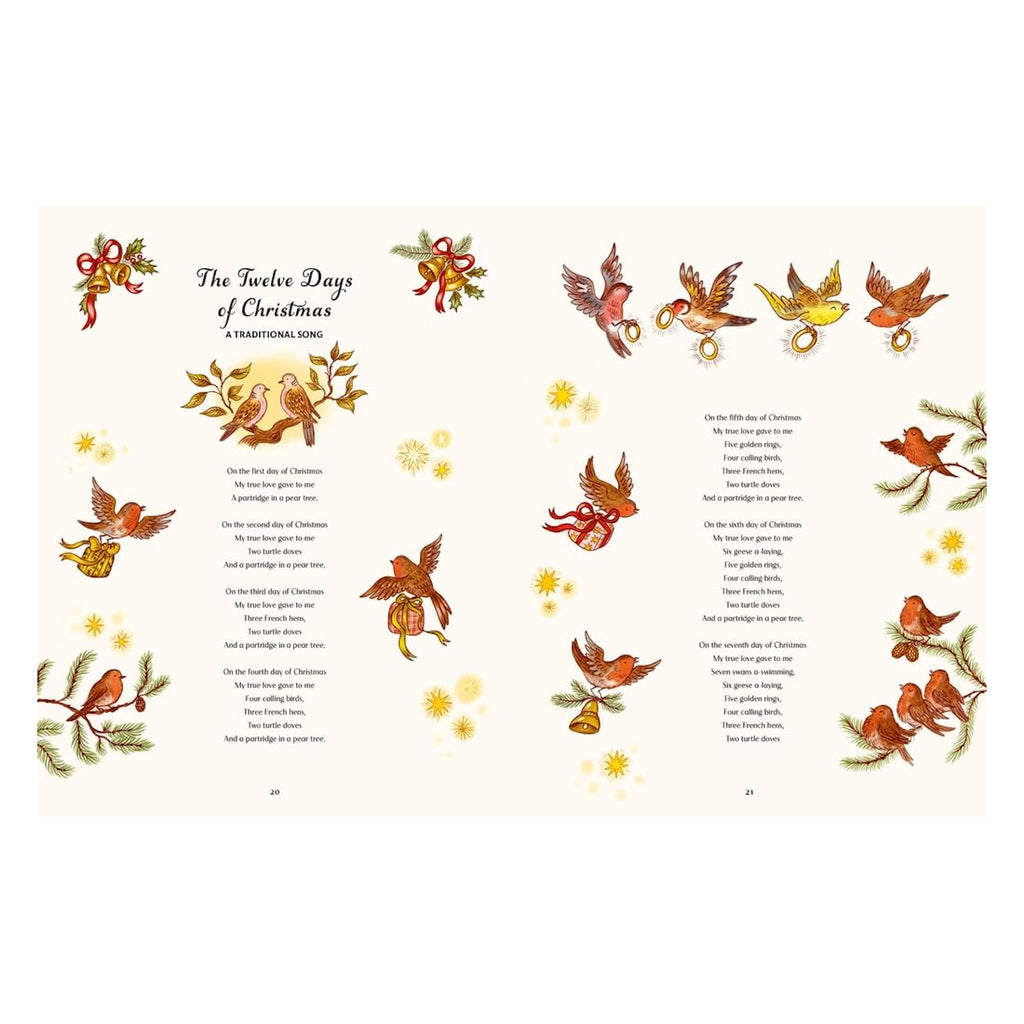Illustrated pages of "The Twelve Days of Christmas" song display festive birds, ribbons, and bells. Joyful, colorful, with a warm holiday theme.