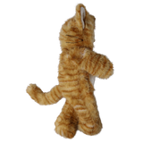 Profile view of plush doll in a fuzzy orange tabby cat suit showing whiskers and tail.