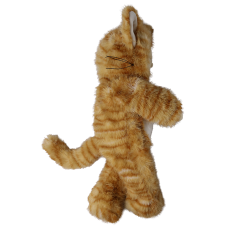 Profile view of plush doll in a fuzzy orange tabby cat suit showing whiskers and tail.