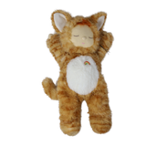 Plush doll in an orange tabby cat suit stretching its arms up with closed eyes and white belly.