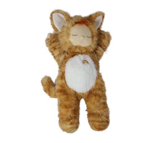 Plush doll in an orange tabby cat suit stretching its arms up with closed eyes and white belly.