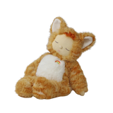 Seated plush doll in a fuzzy orange tabby cat suit leaning back with closed sleeping eyes.