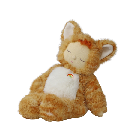 Seated plush doll in a fuzzy orange tabby cat suit leaning back with closed sleeping eyes.