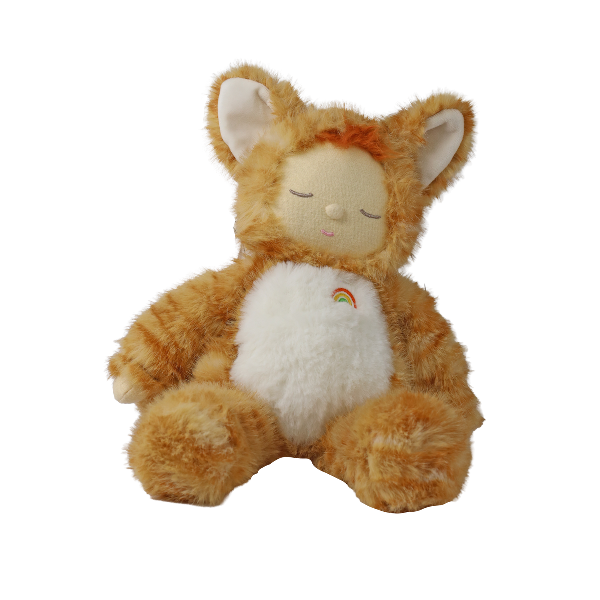 Seated plush doll in an orange tabby cat suit with sleeping eyes and a white belly patch.