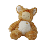 Seated plush doll in an orange tabby cat suit with sleeping eyes and a white belly patch.