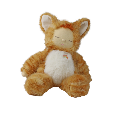 Seated plush doll in an orange tabby cat suit with sleeping eyes and a white belly patch.
