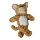 Plush doll in a fuzzy orange tabby cat suit with sleeping eyes and a white belly patch.