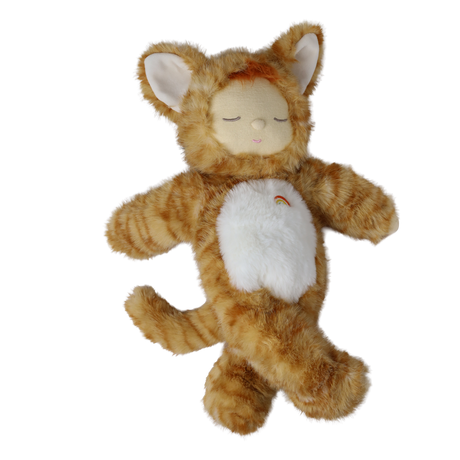 Plush doll in a fuzzy orange tabby cat suit with sleeping eyes and a white belly patch.