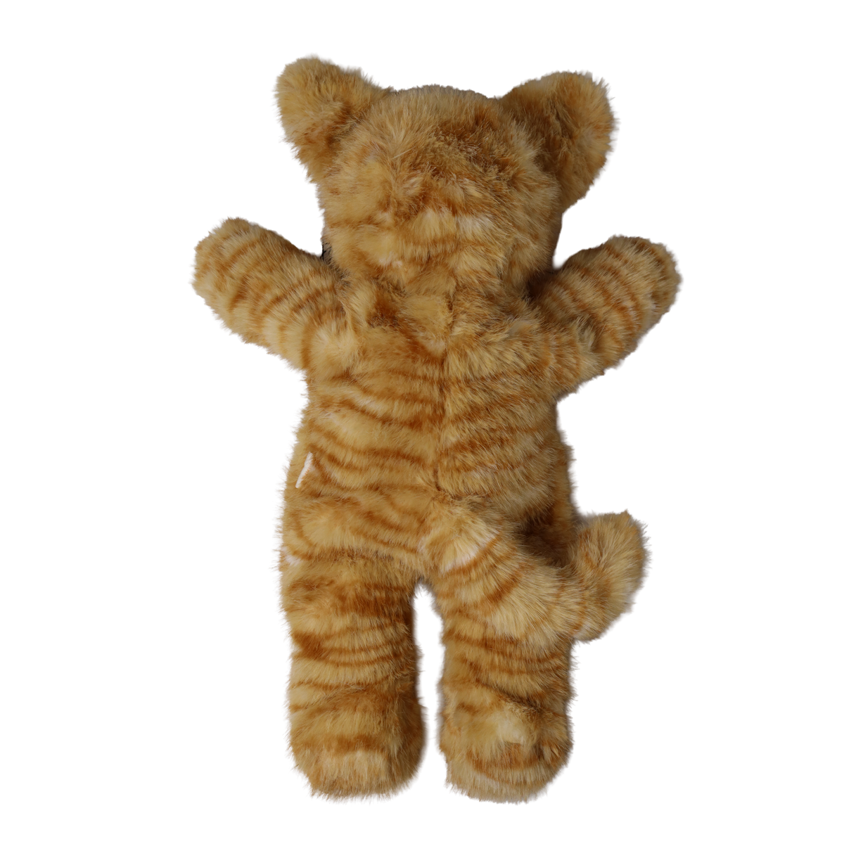 Back view of a plush doll wearing a fuzzy orange tabby cat suit with striped fur and a curved tail.