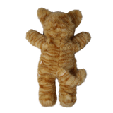 Back view of a plush doll wearing a fuzzy orange tabby cat suit with striped fur and a curved tail.