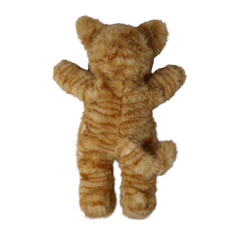 Back view of a plush doll wearing a fuzzy orange tabby cat suit with striped fur and a curved tail.