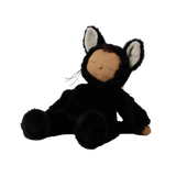 Seated plush doll in a fuzzy black cat suit leaning forward with sleeping eyes and white inner ears.