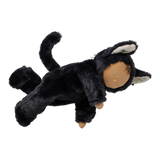 Plush doll in a fuzzy black cat suit lying on its stomach with closed eyes and a curved tail.