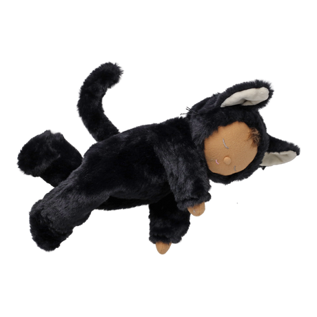 Plush doll in a fuzzy black cat suit lying on its stomach with closed eyes and a curved tail.