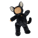 Plush doll in a fuzzy black cat suit reaching one arm up with closed sleeping eyes and a curved tail.
