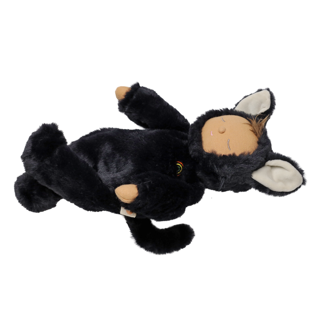 Plush doll lying on its back in a fuzzy black cat suit with closed eyes and pointed ears.
