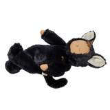Plush doll lying on its back in a fuzzy black cat suit with closed eyes and pointed ears.