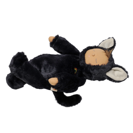 Plush doll lying on its back in a fuzzy black cat suit with closed eyes and pointed ears.