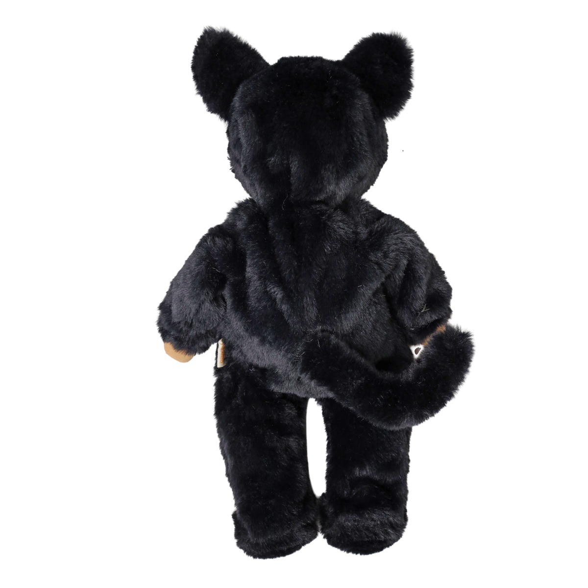 Back view of a plush doll in a fuzzy black cat suit with cat ears and a long tail.