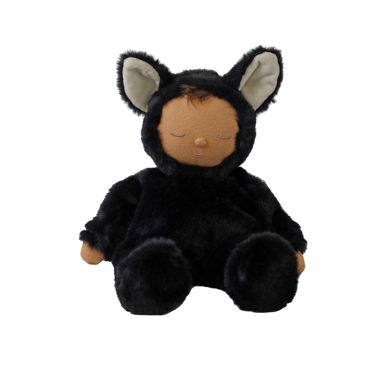 Seated plush doll in a fuzzy black cat suit with sleeping eyes and large cat ears.