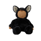 Seated plush doll in a fuzzy black cat suit with sleeping eyes and large cat ears.