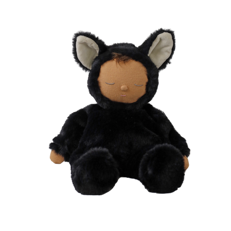 Seated plush doll in a fuzzy black cat suit with sleeping eyes and large cat ears.