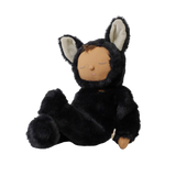 Seated plush doll in a fuzzy black cat suit reclining back with closed sleeping eyes.