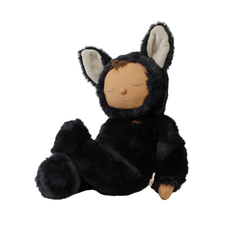 Seated plush doll in a fuzzy black cat suit reclining back with closed sleeping eyes.