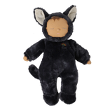 Standing plush doll in a fuzzy black cat suit with sleeping eyes, large cat ears, and a small tail.