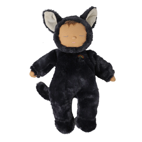 Standing plush doll in a fuzzy black cat suit with sleeping eyes, large cat ears, and a small tail.