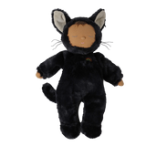 Front view of a plush doll in a fuzzy black cat suit with sleeping eyes, whiskers, and a tail.