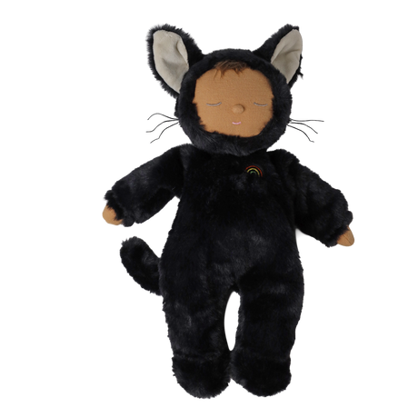 Front view of a plush doll in a fuzzy black cat suit with sleeping eyes, whiskers, and a tail.