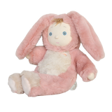 Side angle of an Olli Ella Cozy Dinkum Bunny Pinkie plush doll with floppy ears on a white background.