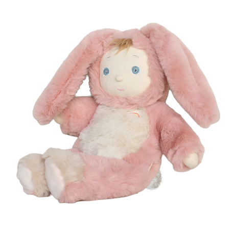 Side angle of an Olli Ella Cozy Dinkum Bunny Pinkie plush doll with floppy ears on a white background.