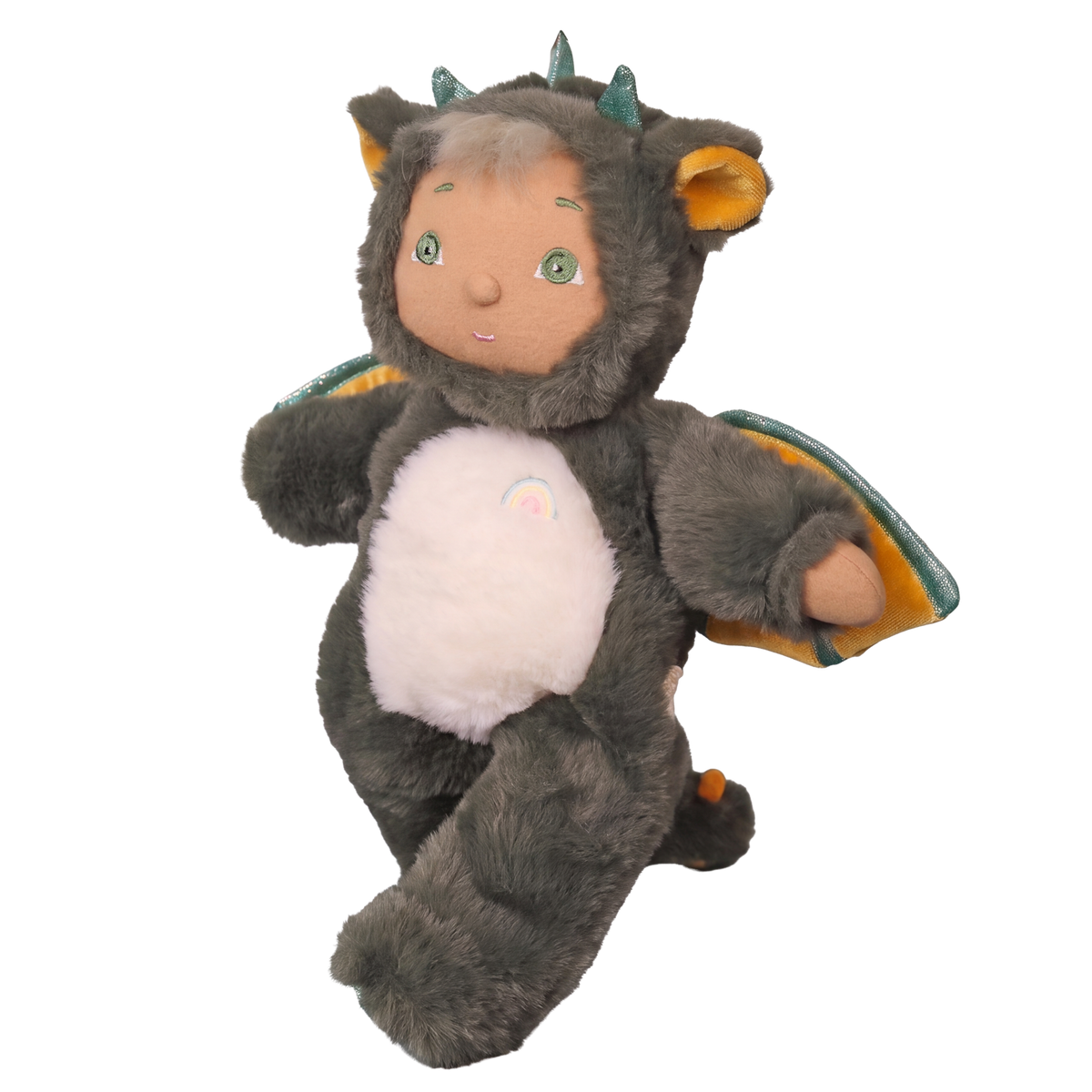 Olli Ella Cozy Dinkum Flint doll wearing a plush grey dragon costume with wings.