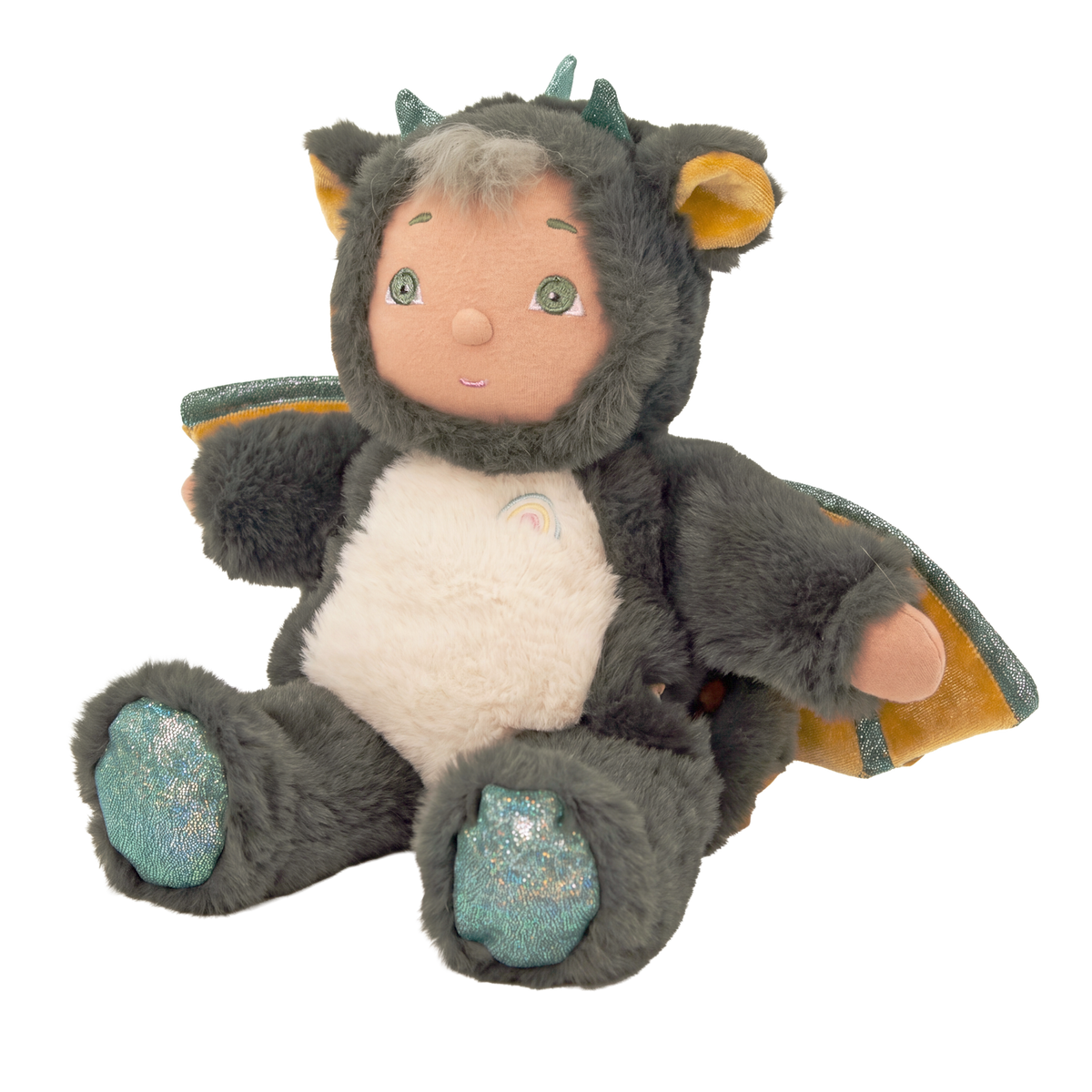 Plush Cozy Dinkum Doll Flint wearing a fuzzy grey dragon costume with sparkly wings on a white background.