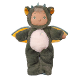 Plush standing Dinkum Doll wearing a fuzzy green dragon suit with yellow wings and a white belly.
