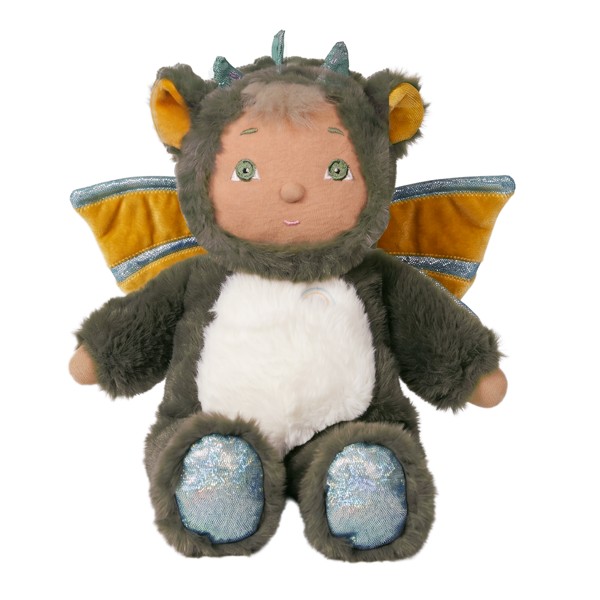 Dinkum Doll Cozy Day Flint plush toy in a green dragon costume with wings and shimmery feet.