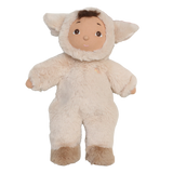 Olli Ella Cozy Dinkum Doll Lamby Tig in a fluffy cream lamb onesie on a white background.