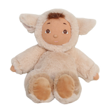 Olli Ella Cozy Dinkum Doll Lamby Tig wearing a fuzzy beige lamb plush outfit with floppy ears.
