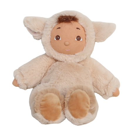Olli Ella Cozy Dinkum Doll Lamby Tig wearing a fuzzy beige lamb plush outfit with floppy ears.