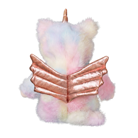 Back view of Olli Ella Cozy Day Dinkum Doll Sunbeam in pastel tie dye plush outfit with rose gold wings.