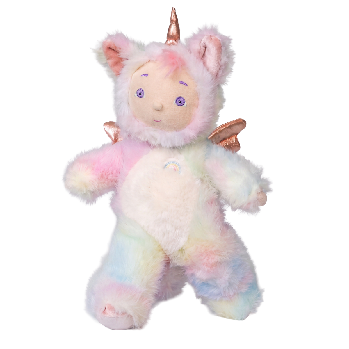 Cozy Day Dinkum Doll Sunbeam pastel rainbow unicorn plush toy on a white background.