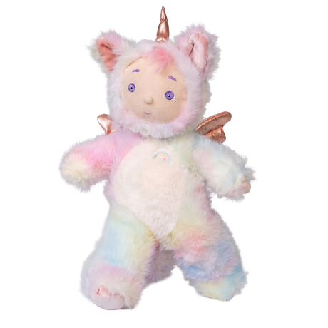 Cozy Day Dinkum Doll Sunbeam pastel rainbow unicorn plush toy on a white background.