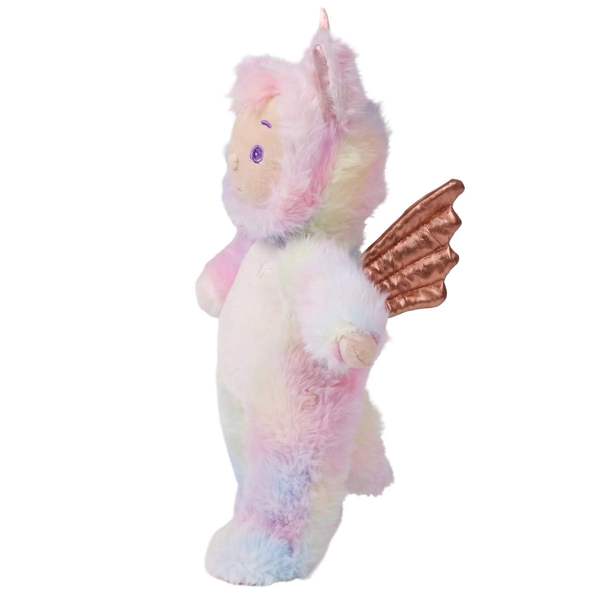 Side view of Cozy Dinkum Sunbeam doll in a pastel rainbow unicorn plush outfit on a white background.